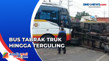 Diduga Rem Blong, Bus Tabrak Truk hingga Terguling