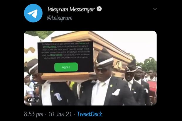 Telegram Ledek WhatsApp dengan GIF Tarian Pembawa Keranda Mayat di Twitter