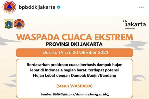 BPBD Ingatkan Cuaca Ekstrem di DKI Jakarta pada 19 dan 20 Oktober