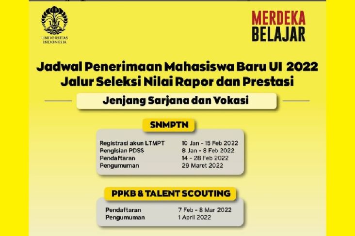 Calon Mahasiswa UI, Catat Jadwal Penerimaan SNMPTN, PPKB dan Talent Scouting 2022