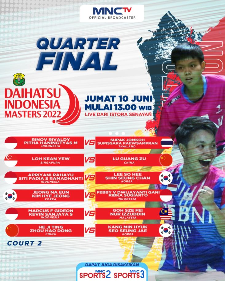 Daihatsu Indonesia Masters 2022 : MNCTV Tayangkan 6 Pertandingan Babak 8 Besar