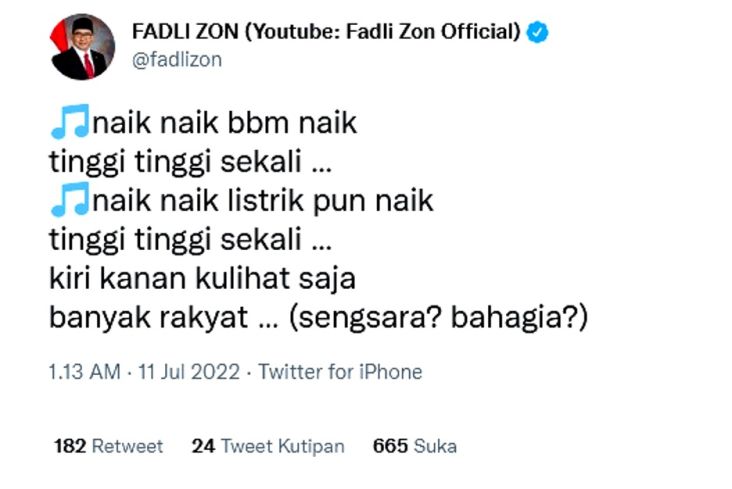 Fadli Zon: Listrik dan BBM Naik, Rakyat Sengsara atau Bahagia?