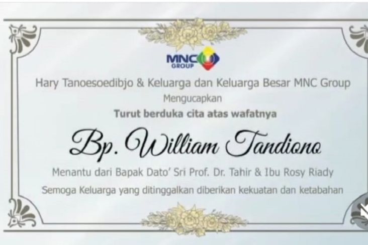 Hary Tanoe dan Keluarga Besar MNC Group Berduka atas Wafatnya William Tandiono