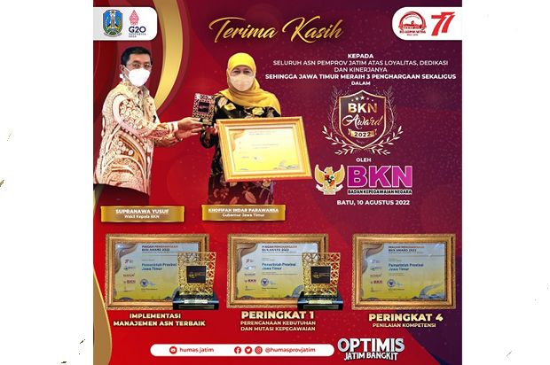 Raih Penghargaan BKN Award 2022, Gubernur Khofifah: Kerja Keras dan Sinergitas Pemkab/Pemko Layak Diacungi Jempol