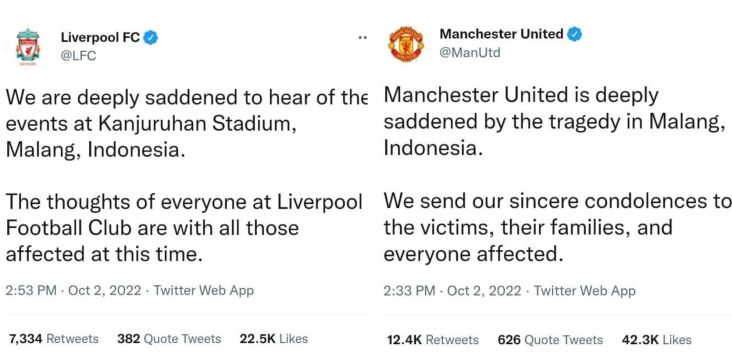 Twitter Liverpool dan Man United Ucapkan Duka Buat Suporter Arema yang Tewas di Kanjuruhan