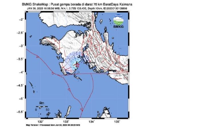 Gempa M4,1 Guncang Kaimana Papua Barat, Pusat di Darat