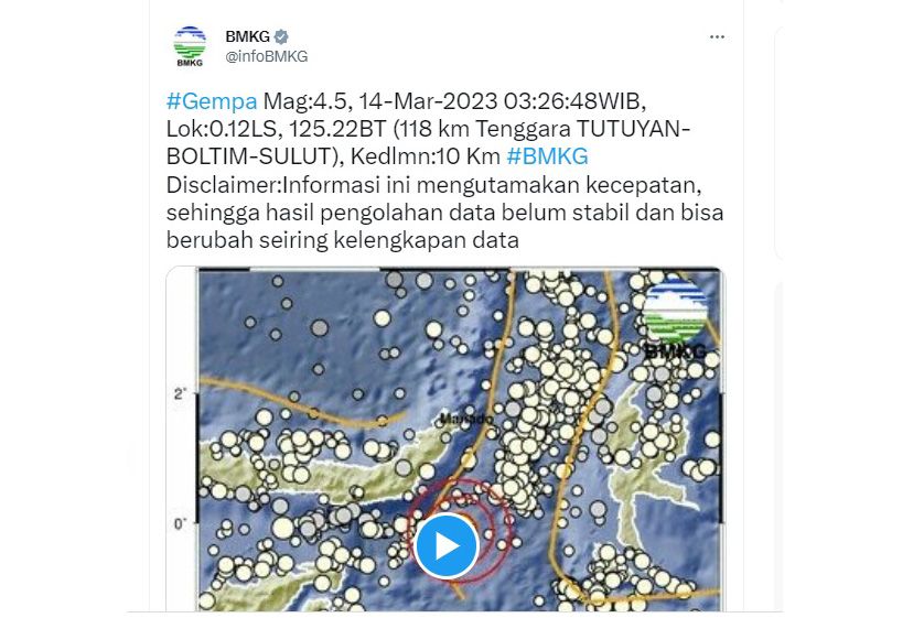 BMKG: Gempa Magnitudo 4,5 Guncang Boltim Sulut