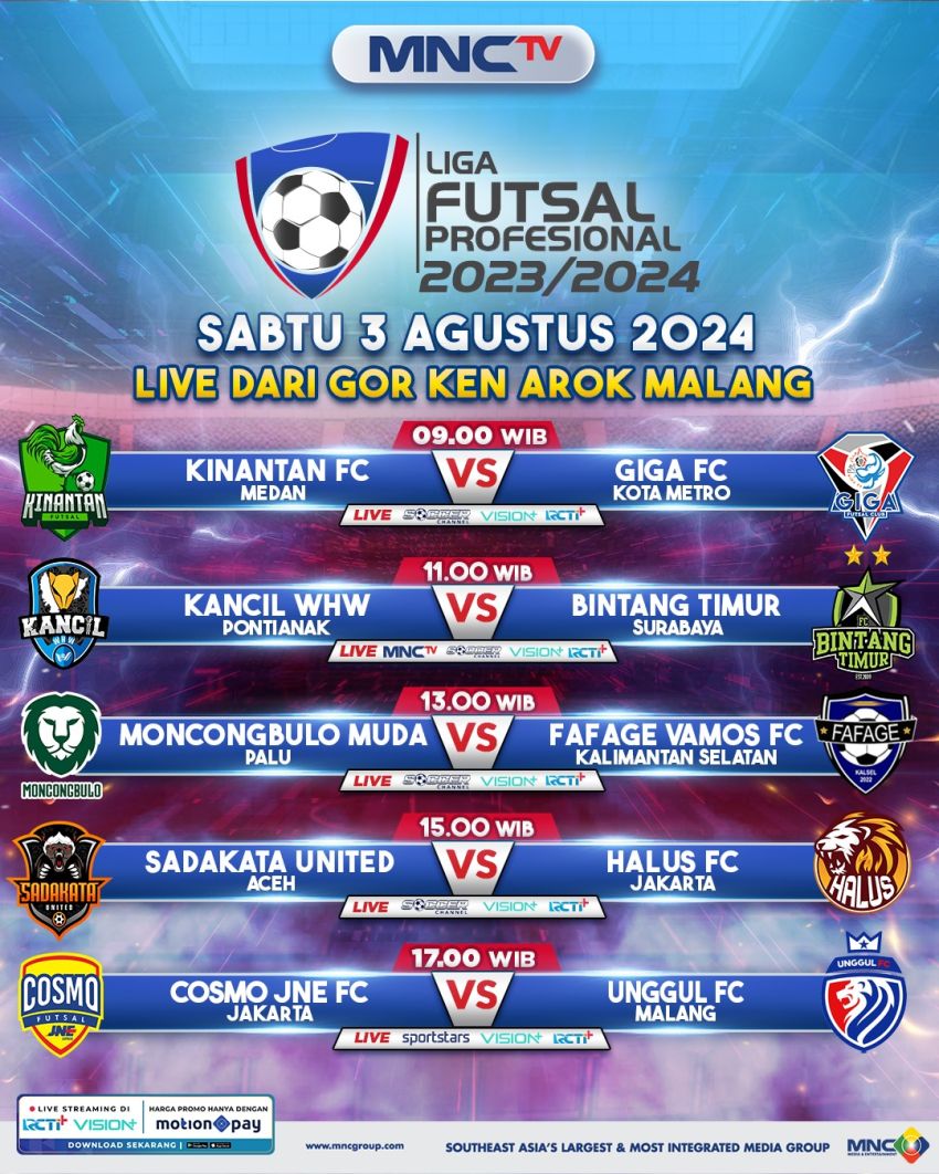 Laga Penentuan Juara Liga Futsal Profesional 2023/2024: Kancil WHW Pontianak vs Bintang Timur Surabaya di MNCTV
