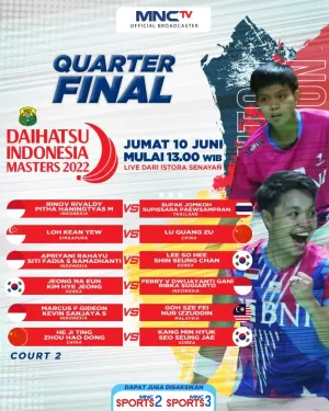 Daihatsu Indonesia Masters 2022 : MNCTV Tayangkan 6 Pertandingan Babak 8 Besar